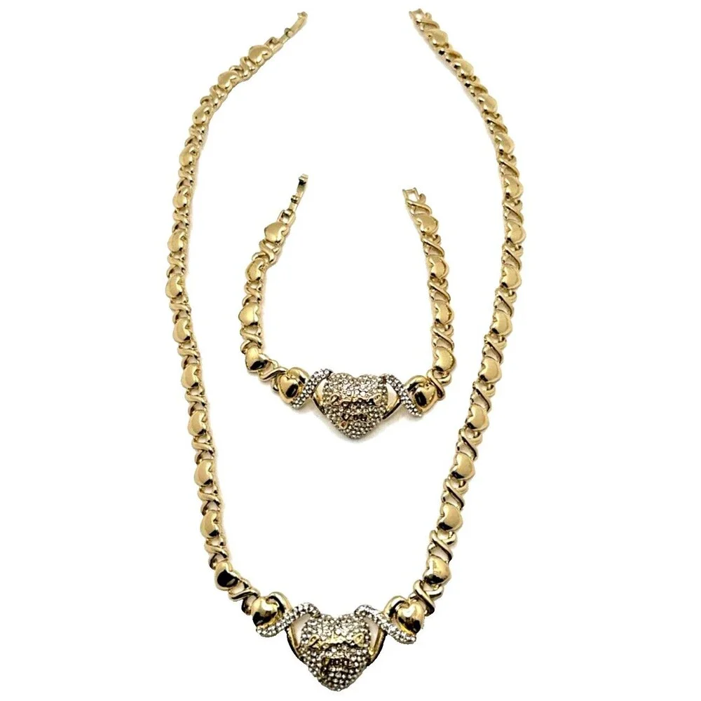 Gold Tone Rhinestone Heart Necklace Bracelet Set I Love You Pave Statement